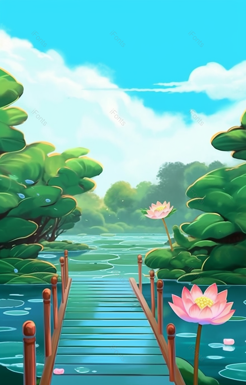 夏日小暑季节蓝白云天气晴朗木桥侵入水面荷花池中的荷叶荷花盛,插画/手绘图,插画/手绘图库,插画/手绘图下载,插画/手绘